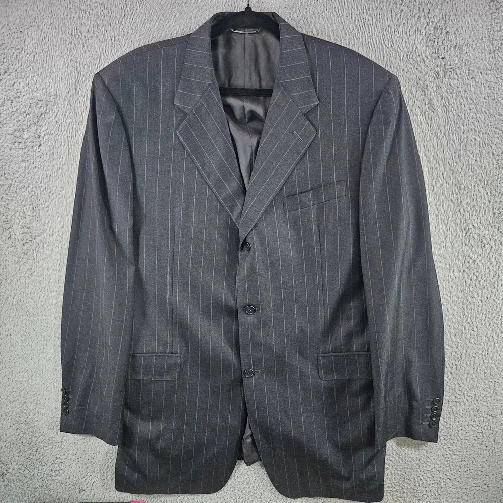 Canali Mens Pinstripe‎ Wool Suit Jacket Blazer Charcoal Grey 3 Button Italy 48R